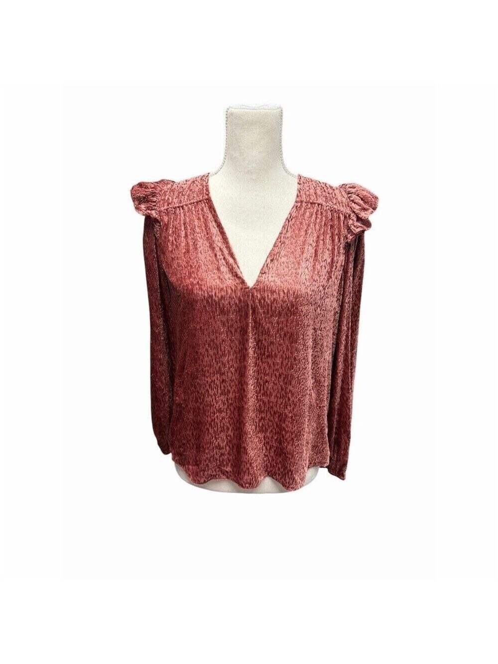 Tanya Taylor Blouse Rose Pink V-Neck Ruffle Shoulder Long Sleeve Oversized XS